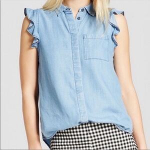 Who What Wear Chambray Button Down Ruffle Cap Sleeve Top (Target), Size XS NWOT